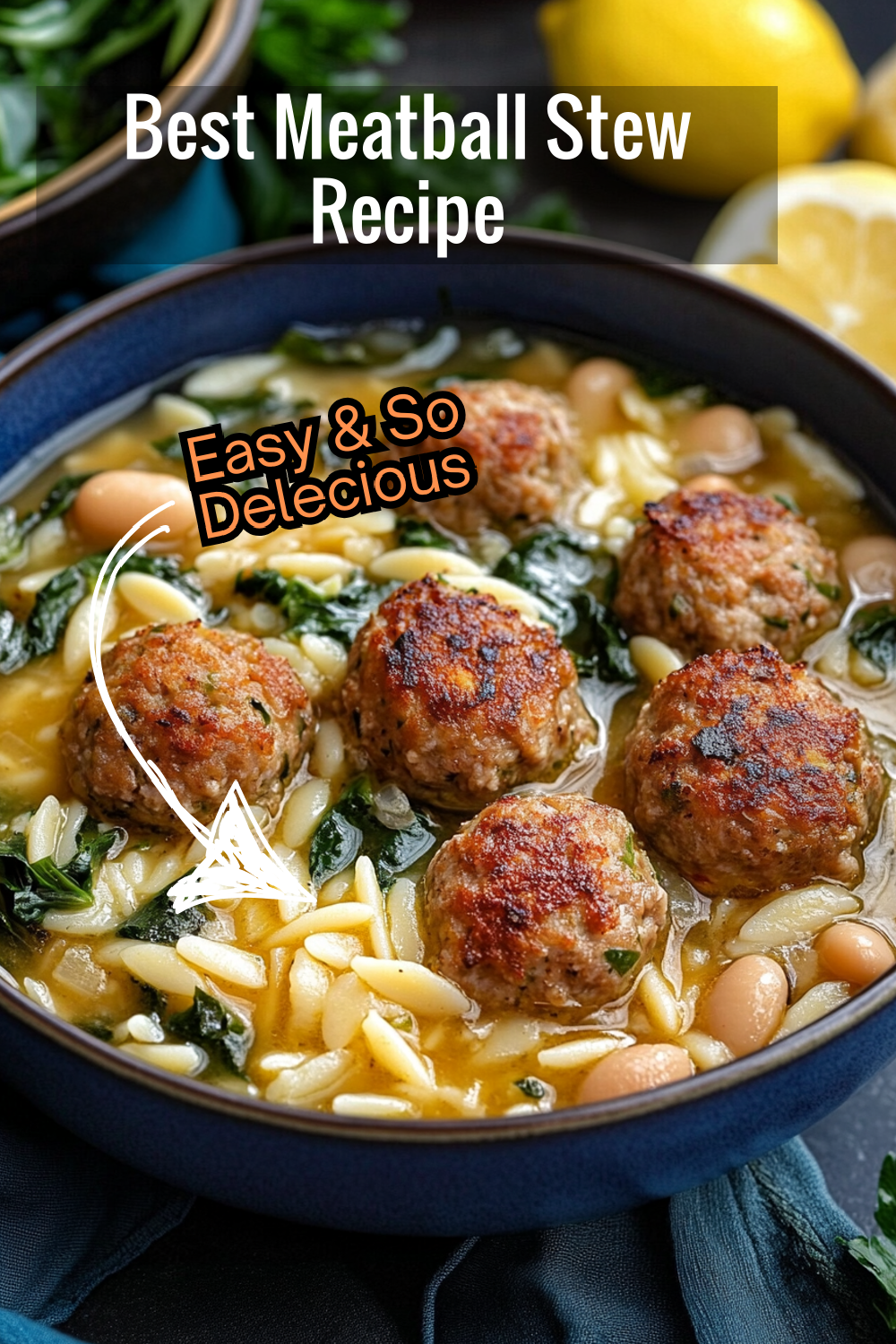 Quick and easy, this Meatball Stew with Orzo and White Beans comes together in no time. The tender meatballs and lemon broth make it a family favorite!