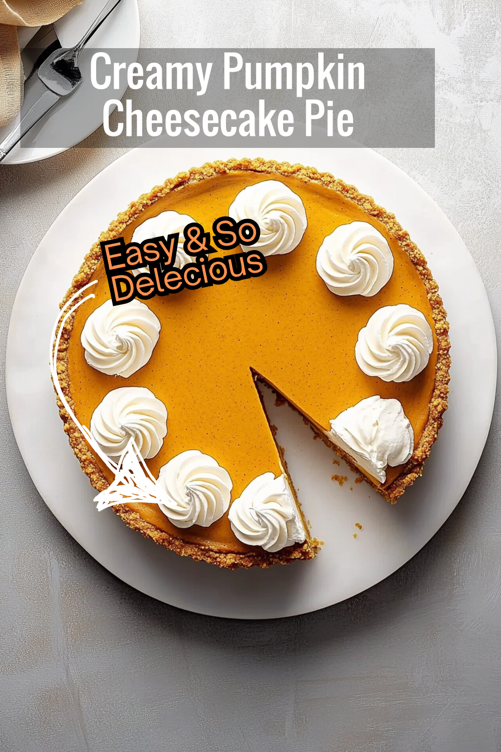 Treat yourself to a rich and creamy pumpkin cheesecake pie that looks as good as it tastes. Two layers of flavor, topped with fluffy whipped cream!