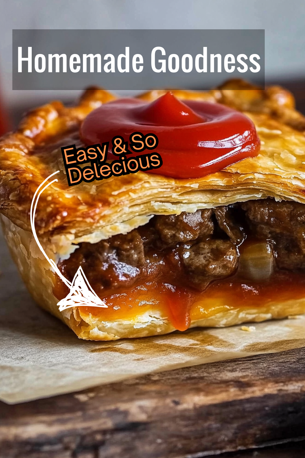 This classic homemade meat pie is perfect for a family dinner. Featuring a tender beef filling wrapped in a golden puff pastry crust, it’s sure to impress. Add ketchup on the side for extra flavor!