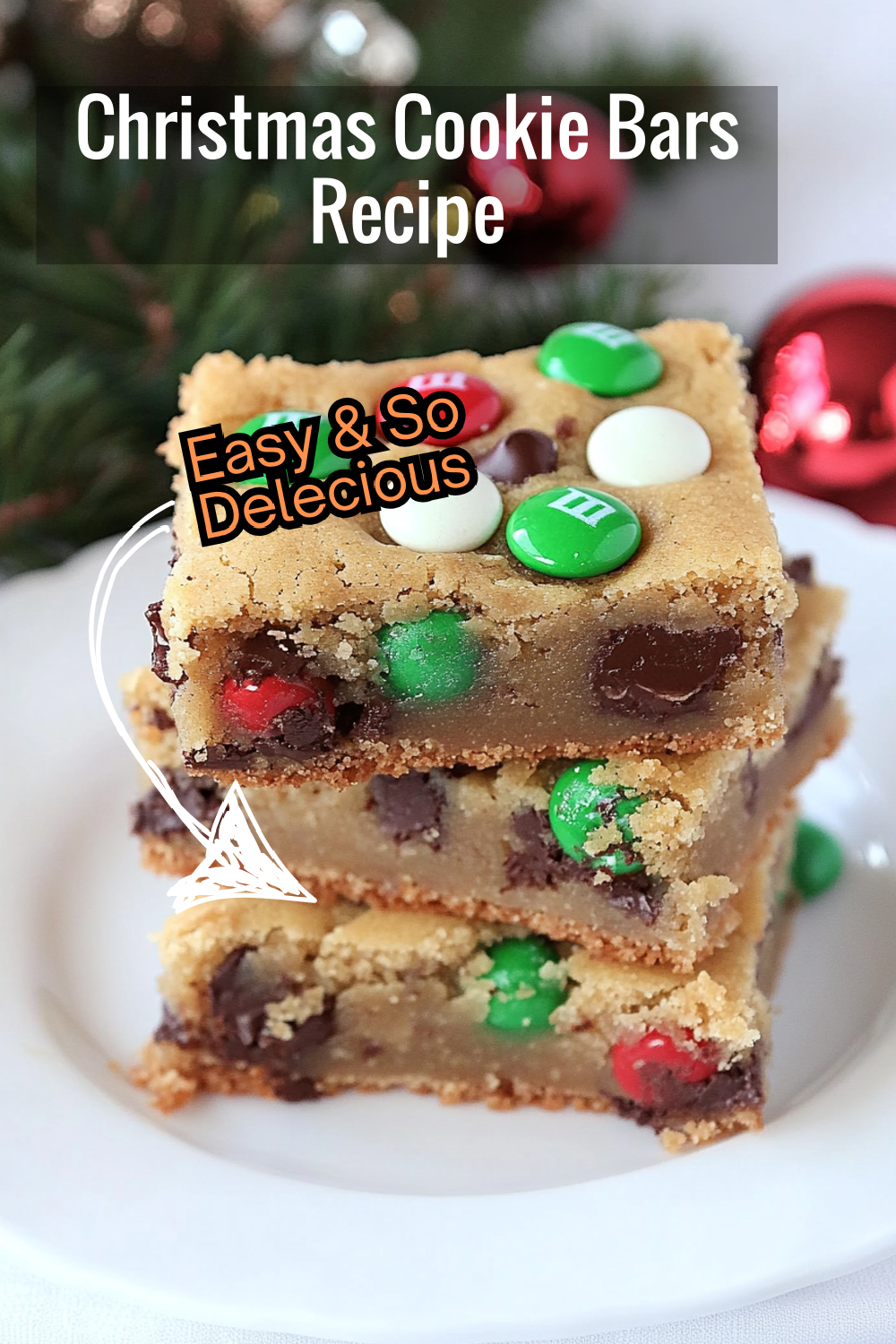 Impress your guests with these Christmas cookie bars at your next holiday party! They’re loaded with festive M&M’s and chocolate chips, and are soft and chewy with just the right amount of crispiness on the edges.