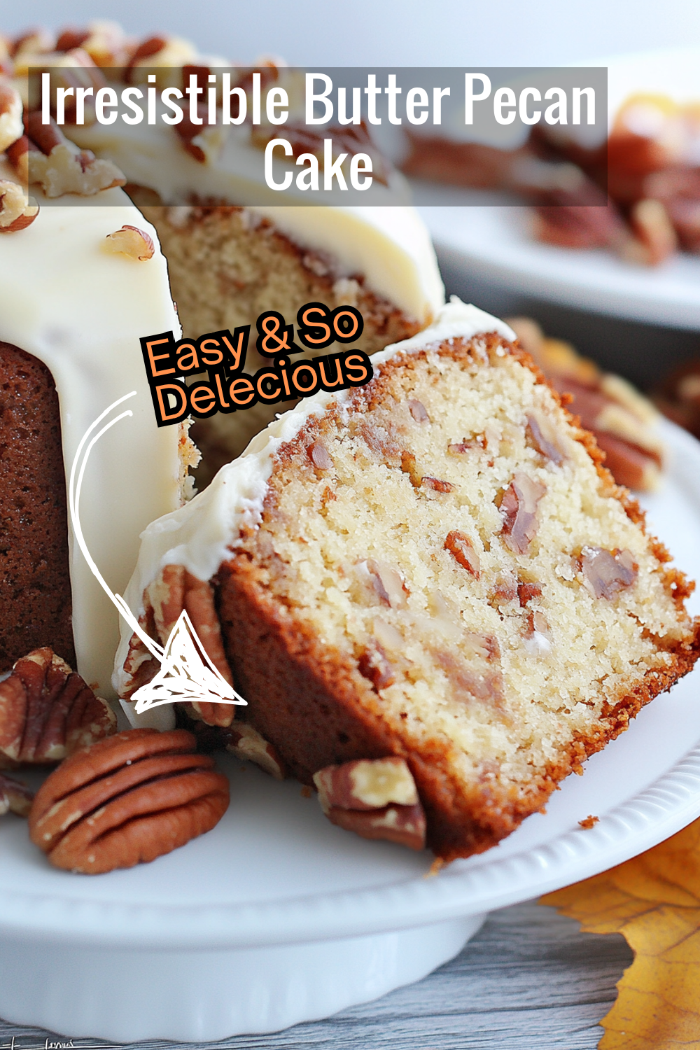 One slice isn’t enough! This Butter Pecan Pound Cake is moist, buttery, and finished with a creamy frosting and chopped pecans for a perfect finish.